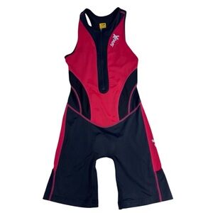 WOMEN’S ATHLETIC FIT SLEEVELESS TRIATHLON RACESUIT KIT RED BLACK POCKETS SZ XL